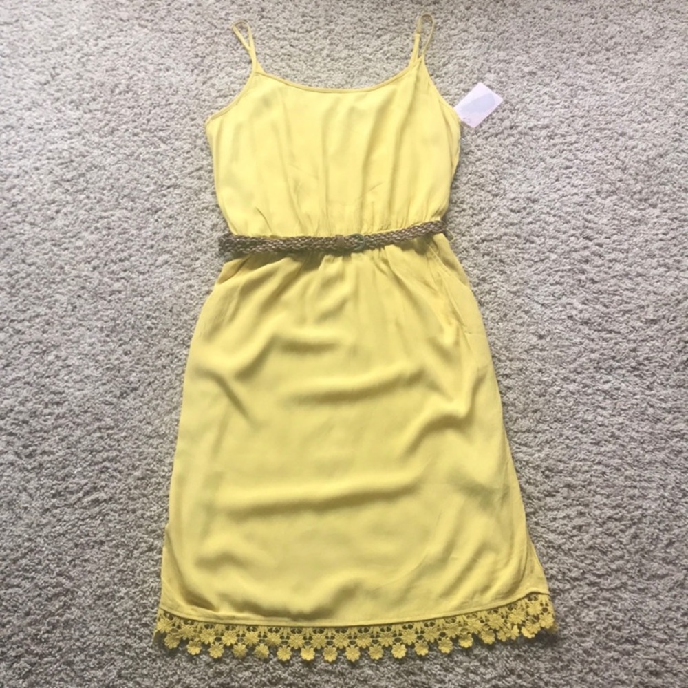 Yellow Spaghetti Strap Floral Embroidered Belted Mini Dress Size M